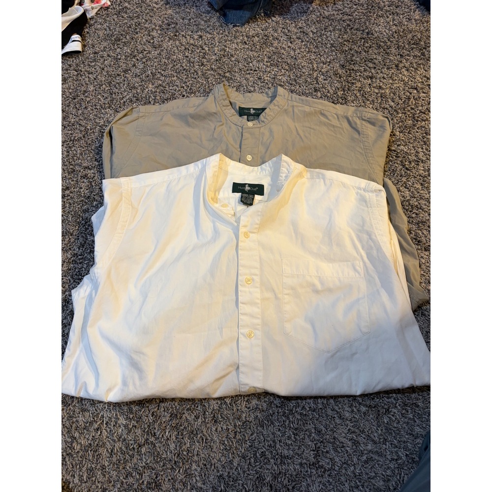 Hunt Club Mens Band Collar Button Down Shirt Bundle White Khaki Large Tall 2pk
